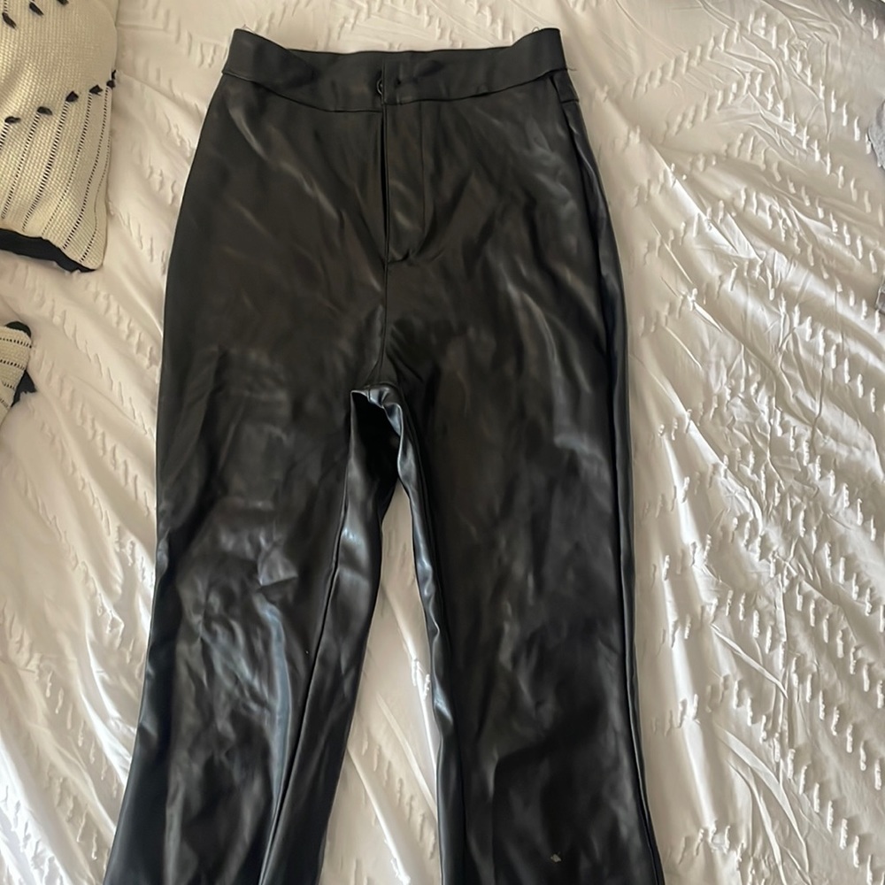 Black leather flare pants